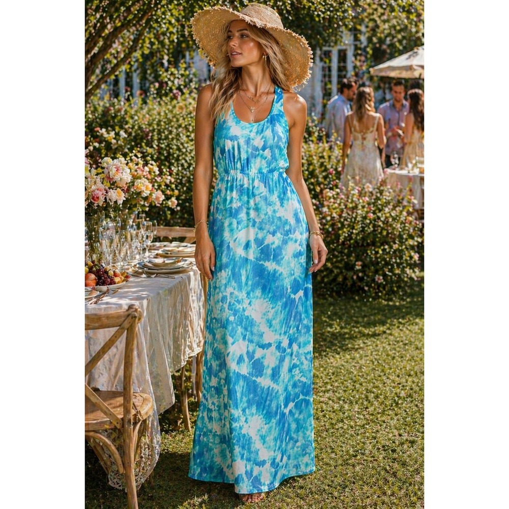 Dee Elle Maxi Dress Womens Medium‎ Blue Tie Dye Racerback Elastic Waist